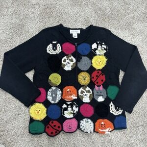 Vintage Susan Bristol Large Hand Embroidered Novelty Zoo Animal Zip Up Cardigan
